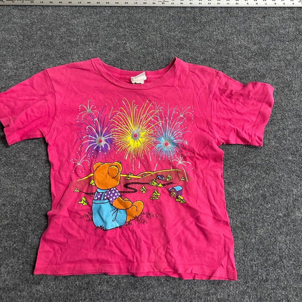 Basic Image T-Shirt Girls Size 10/12 Pink Cotton Glitter Fireworks Teddy Bear